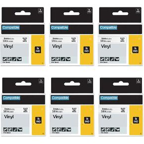 18443 3/8" Rhino Permanent Vinyl Label Tape Compatible with Dymo Rhino 5200 4200 5000 6000 Industrial Label Maker Label Refill Black on White, 9mm x 5.5m, 3/8" x 18', 6 Cartridge