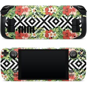ZOOMHITSKINS Compatible with Steam Deck Skin Pink Cover, Black White Red Hibiscus Flowers Green Leaf Vintage 90s, 3M Vinyl Decal Sticker Wrap, Made in The USA