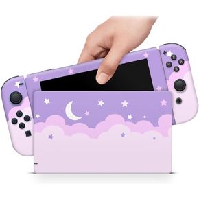 ZOOMHITSKINS Compatible with Switch Skin Cover Cloud Pastels Moon Star Purple Cute Kawaii Anime Vinyl Decal Sticker Wrap, Made in The USA