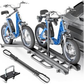 200 LBS Capacity 2 EBike Rack with Cross Bar, 5" Fat Tire Carrier with Ramp, Lockable & Foldable Electric Bicycle Racks, Bike Racks Platform Fits 2" Standard Hitch for SUVs Cars Trucks Vans