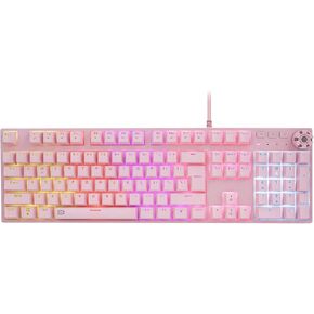 Huo Ji Pink Mechanical Gaming Keyboard ، USB سلكي مع قوس قزح LED الخلفية ، المفاتيح الحمراء ، مفاتيح الوسائط المتعددة ، 108 مفاتيح لا صراع