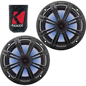KICKER 8" Marine Speakers (1 Pair) OEM Replacement Coaxial Speakers for Boat with Charcoal Grille and LED Lights 4-ohm. Water and Weather Resistant