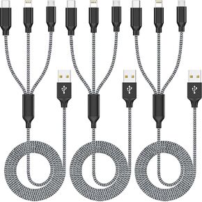 Multi Charging Cable (6ft 2Pack) Multiple Charger Cable Rapid Nylon Braided Cord USB Charging Cable 3 in 1 Multi Phone Charger Cord with Type C Micro Lightning USB Connectors for Cell Phones