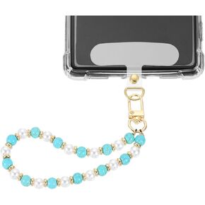 uxcell Pearl Beaded Phone Wrist Strap, Phone Chain Lanyard Hands-Free Wristlet Bracelet Phone Charm with Tether Tab for Wallet Keychain Camera Earphone, Blue & White