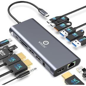 USB C Docking Station Dual Monitor, 14 in 1 Laptop Docking Station 3 Monitors with 2 HDMI 4K, DP, Ethernet, USB C/A 3.1, 100W PD, SD/TF, 3.5MM Audio/Mic, Compatible for MacBook, Dell, Lenovo, Surface