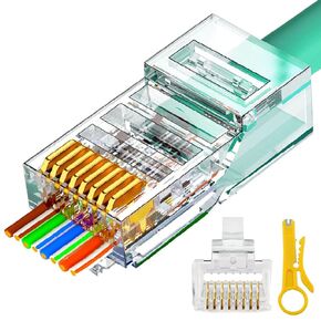 RJ45 Cat6 Cat5e Pass Through Connectors 100 Packs Gold Plated 3 Prong 8P8C Modular Ethernet UTP Network Cable Plug for Unshielded Twisted Pair Solid Wire & Standard Cables
