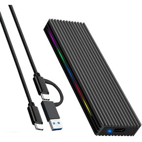 JMT M.2 M Key SSD Enclosure 10Gbps/5Gbps USB3.1 NGFF/NVME Protocol USB-C Mobile Case Aluminum Alloy with RGB Light (NGFF C to A,Red)
