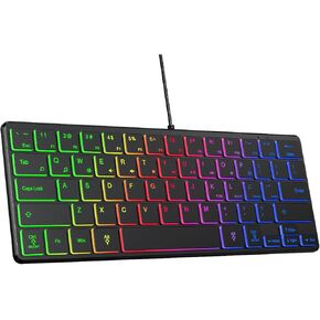 PINKCAT Wired Mini Backlit Keyboard, 64 Keys RGB Portable Compact Keyboard Computer USB Keyboards for Gamer, Typist, Travel, Easy to Carry
