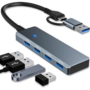 USB 3.0 Hub 4 Ports 5Gbps, Dual USB-A/C Aluminum Splitter, Ultra-Slim Multiport Expander Adapter for iPhone 16/15,MacBook, iPad, Laptop, PC, Desktop, HDD, Keyboard, Mouse, Xbox, PS5,Android