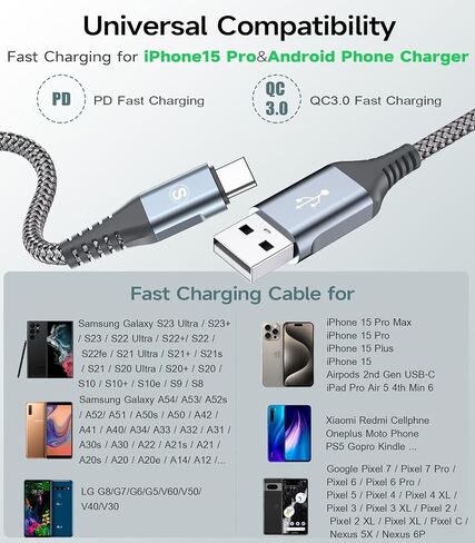 USB Type C Cable [3-Pack,10ft+6.6ft+3.3ft] USB to USB C Charger Cable Fast Charging Braided Cord for iPhone 16 15 Pro Max Plus Samsung Galaxy S25 S24 S23 S22 S21 S20 S10 Note 20 10 A53 A14 Pixel Moto in Saudi Arabia