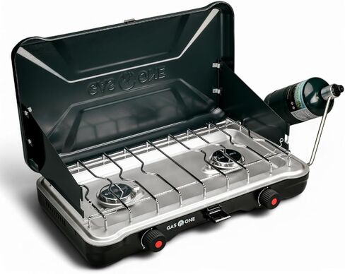 GasOne Portable Camping Stove – Double Propane Stove with Auto Twist Turn Ignition – 22,000 BTU Camping Cooktop with 2 Burners and Wind Guard – Ideal for Tailgating, Fishing, Travel in Kuwait