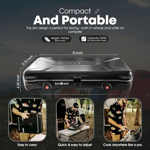 GasOne Portable Camping Stove – Double Propane Stove with Auto Twist Turn Ignition – 22,000 BTU Camping Cooktop with 2 Burners and Wind Guard – Ideal for Tailgating, Fishing, Travel in Kuwait