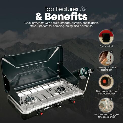GasOne Portable Camping Stove – Double Propane Stove with Auto Twist Turn Ignition – 22,000 BTU Camping Cooktop with 2 Burners and Wind Guard – Ideal for Tailgating, Fishing, Travel in Kuwait