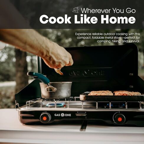 GasOne Portable Camping Stove – Double Propane Stove with Auto Twist Turn Ignition – 22,000 BTU Camping Cooktop with 2 Burners and Wind Guard – Ideal for Tailgating, Fishing, Travel in Kuwait