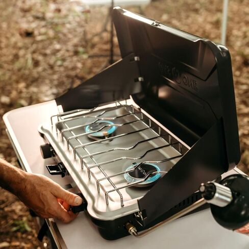 GasOne Portable Camping Stove – Double Propane Stove with Auto Twist Turn Ignition – 22,000 BTU Camping Cooktop with 2 Burners and Wind Guard – Ideal for Tailgating, Fishing, Travel in Kuwait
