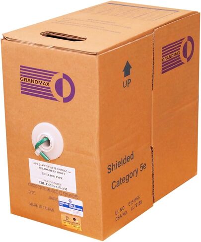 GRANDMAX CAT5e 350MHz Plenum Solid Ethernet PVC Bulk Cable, 1000ft, Wire UTP Pull Box, CMP Rated, 100% Copper, 4 Pair, 24 AWG/ 1000FT/ Green in Kuwait
