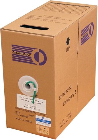 GRANDMAX CAT5e 350MHz Plenum Solid Ethernet PVC Bulk Cable, 1000ft, Wire UTP Pull Box, CMP Rated, 100% Copper, 4 Pair, 24 AWG/ 1000FT/ Green in Kuwait