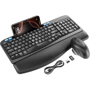 SABLUTE Wireless Keyboard and Mouse Combo, Ergonomic Wave Keys, Cushioned Plam Rest, Rechargeable, Phone Holder, Natural Typing, 2.4G Lag-Free, Full Size Keyboards Cordless Set for Windows/Mac