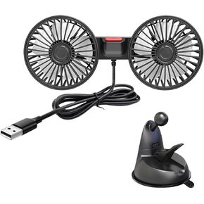 Head Car Fan USB Powered Cooling Fan, Black, 25cm, 3-Speed, Rotary Wide Blowing, Suction Cup Mount, Truck SUV Home Office