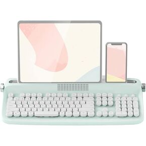 Typewriter Keyboard Wireless Bluetooth 5.0 Retro Aesthetic Cute Kawaii Round Keycaps 106-Key with Num Pad Clicky Mechanical Feeling with Phone Holder for Windows/Mac OS/Android/iOS (Mint)