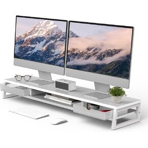 Fenge Dual Monitor Stand, Monitor Riser with Drawer, 42.5 Inch Large Computer Monitor Stand for 2 Monitors, 2 Tier Wooden Desk Shelf for Top of Desk