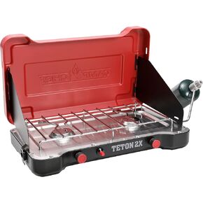 Camp Chef Teton 2x System - Swite -Burner Compact Camp Stove - LID يتضاعف مثل الزجاج الأمامي - موقد طبخ تخييم محمول مع اشتعال لا مثيل له - للطبخ في الهواء الطلق - 317 قدم مربع في منطقة الطهي