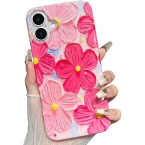for iPhone 16 Plus Case Flowers Women Girly Aesthetic Sparkle Translucent Cute Floral With Phone Strap Charms Wristlet Oil Painting Shockproof Protective Phone Cases for iPhone 16 Plus Hot Pink