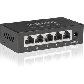 5 Port Gigabit Ethernet Switch, Unmanaged 1000Mbps Network Hub, Plug & Play, Fanless Metal Housing, Wall/Desktop Mount for Home/Office/Gaming/Streaming , Black