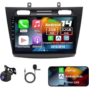 Android 14 Double Din Car Radio Compatible with Ford Transit Connect 2010-2014, 2G+32G 10" Touch Screen Car Stereo with Wireless Carplay Android Auto GPS WiFi Mic Backup Camera