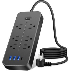 FUAUFAS Power Strip Surge Protector with 6 Outlets & 3 USB Ports & 1 USB-C Port (5V/3A), 1700 Joules, Angled Flat Plug, Spaced Outlets & ETL Listed Power Outlet for Home Office - Black