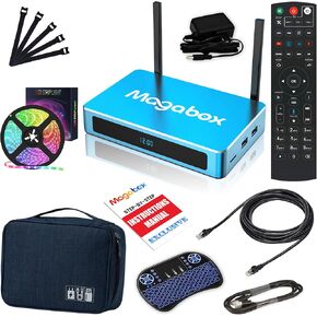 Magabox MG4 Max Home Entertainment Hub with Dual Antennas, LED Strip, Keyboard Remote, Ethernet Cable, Setup Guide & Travel Case
