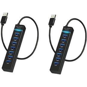 2 Pack 7 Ports USB Hub, Multiple Port USB Adapter with Indictor Light, High Speed Data Transmission Docking Station, Compatible with Mouse, Keyboard, Printer, Windows, MacOS, Linux