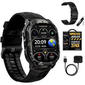 CARBINOX Vortex Smart Watch with Metal Band, Charger and Tempered Glass (2 Pack), Rugged Fitness Tracker IP69K Waterproof Compatible with Android and iOS Phone, 14 Days of Battery Military Durable