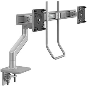 Humanscale M8.1 Adjustable Dual Monitor Arm with Crossbar and Handle Two-Piece Clamp Mount Base Polished Aluminum with White Trim - M81CMWBHB