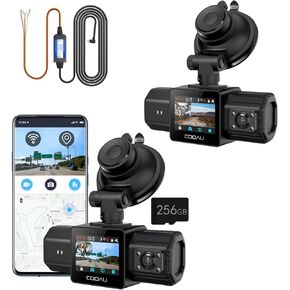 COOAU D20 Dash Cam with 256GB Card + D20 Dash Cam + Hardwire Kit Cable - Dual 2.5K+1080P Front and Inside Dash Camera for Cars, GPS WiFi, IR Night Vision, 24Hr Parking Monitor, Loop Recording, G-Senso