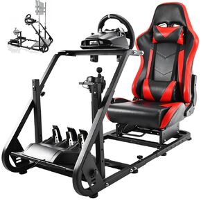 Hottoby Adjustable Racing Simulator Cockpit with Red Seat Fit for Logitech/Thrustmaster/Fanatec G920 G923 G29,Mountable Monitor Stand,Frame Double Arm Reinforcement,No Steering Wheel,Pedal & Handbrake