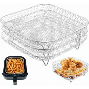3 Pcs Square Air Fryer Rack, Stackable Multi-Layer Stainless Steel Dehydrator Rack, Square Air Fryer Accessories for Cosori, Instant Vortex, Nuwave Airfryer, Ninja Foodi Grill