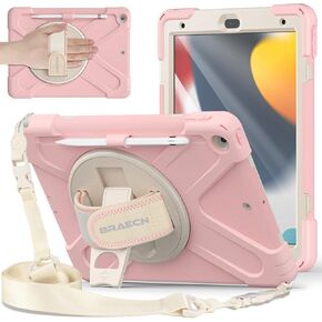 BRAECNstock Kids Case for Apple iPad 9th/ 8th/ 7th Generation 10.2" 2021/2020/2019 Shockproof Protective with Pen Holder, Screen Protector, Rotating Stand & Hand Strap Shoulder Strap, Colorful Pink