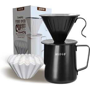 AGOGO Camping Pour Over Coffeemaker Set with Paper Filter Stainless Steel (Silvery, 600ml)
