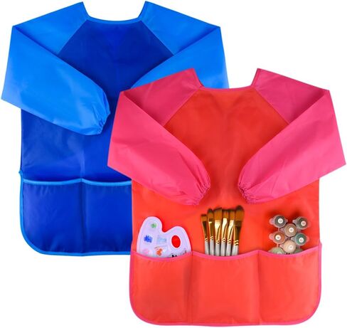 KUUQA 6 Pcs Waterproof Art Smock Kids Art Painting Aprons Long Sleeve with 3 Roomy Pockets and 10 Pcs Painting Brushes, Age 2-6 Years in Saudi Arabia