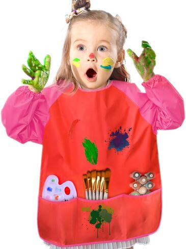 KUUQA 6 Pcs Waterproof Art Smock Kids Art Painting Aprons Long Sleeve with 3 Roomy Pockets and 10 Pcs Painting Brushes, Age 2-6 Years in Saudi Arabia