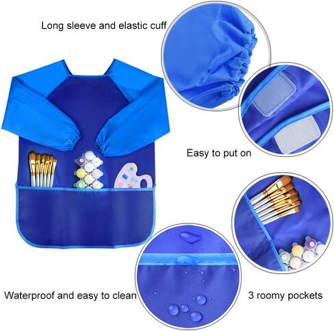 KUUQA 6 Pcs Waterproof Art Smock Kids Art Painting Aprons Long Sleeve with 3 Roomy Pockets and 10 Pcs Painting Brushes, Age 2-6 Years in Saudi Arabia