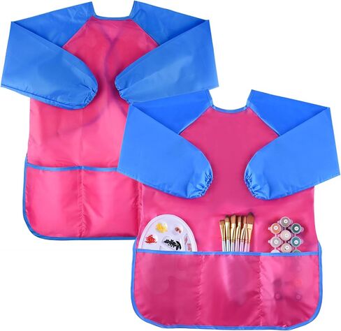 KUUQA 6 Pcs Waterproof Art Smock Kids Art Painting Aprons Long Sleeve with 3 Roomy Pockets and 10 Pcs Painting Brushes, Age 2-6 Years in Saudi Arabia