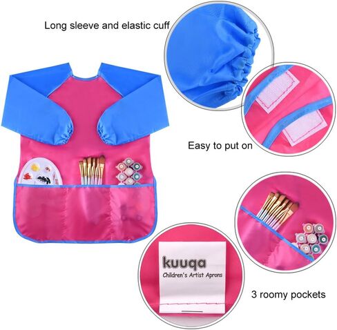 KUUQA 6 Pcs Waterproof Art Smock Kids Art Painting Aprons Long Sleeve with 3 Roomy Pockets and 10 Pcs Painting Brushes, Age 2-6 Years in Saudi Arabia