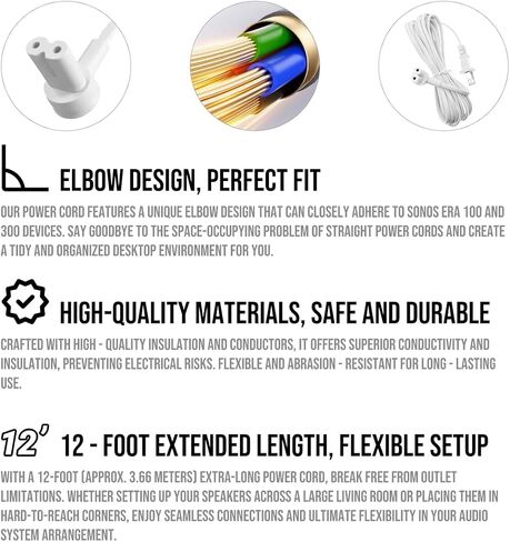 (2-Pack) Long Power Cords Compatible with Sonos Era 100 and Era 300 Speakers, Extended Reach, Enhanced Flexibility, and Durability, Secure Connection (12-Foot) (White) in Kuwait