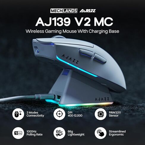 MechLands AJAZZ AJ139 V2 MC Gaming Mouse with Charging Base, Adjustable 12,000 DPI, PAW3311 Sensor, 3 Modes Wireless Mouse, 500mAh Battery, 1000 Polling Rate, 66g Lightweight, Win/Mac (Black) in Saudi Arabia