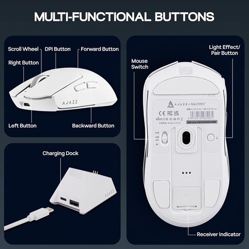 MechLands AJAZZ AJ139 V2 MC Gaming Mouse with Charging Base, Adjustable 12,000 DPI, PAW3311 Sensor, 3 Modes Wireless Mouse, 500mAh Battery, 1000 Polling Rate, 66g Lightweight, Win/Mac (Black) in Saudi Arabia