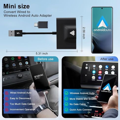 محول Wireless Auto Auto Auto متوافق مع Samsung/Google/Pixel ، إلخ ، محول سيارة Android Auto Car اللاسلكي تحويل المصنع إلى اتصال بلوتوث لاسلكي ومستقر in Kuwait