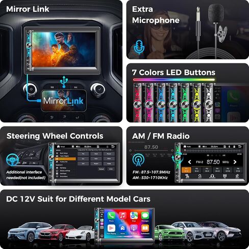 ستيريو مزدوج سيارة مزدوج DIN مع Apple Carplay & Android Auto ، Bluetooth ، 240W ، SWC ، SPOTWOOFER OUT ، LINK MIRROR ، USB-C/AUX/TF ، FM/AM CAR RADION in Kuwait