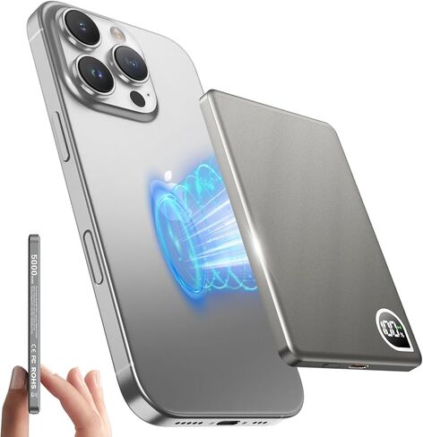 Portable Charger Power Bank, 5000mAh Ultra Slim Battery Bank with USB-C Cable & Digital Display, 22.5W Fast Charging Magnetic Battery Pack for iPhone 16/15/14/13 Series, Samsung & Android(Gray) in Saudi Arabia